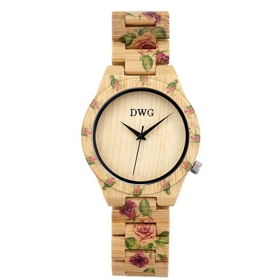 Flower Print Design Bamboo Wood Wristwatch Water Resistant Custom Design