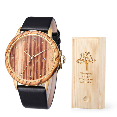 Custom Bamboo Wooden Quartz Watch Leatcher Strap 3/5 ATM Waterproof For Men