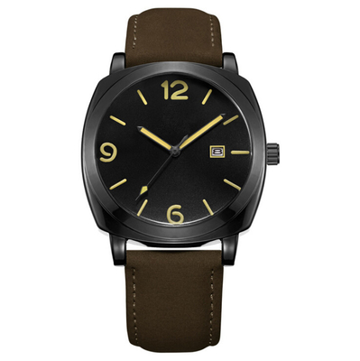 3 Atm Luxury Black 316L SS Man Quartz Watch With Leather Strap