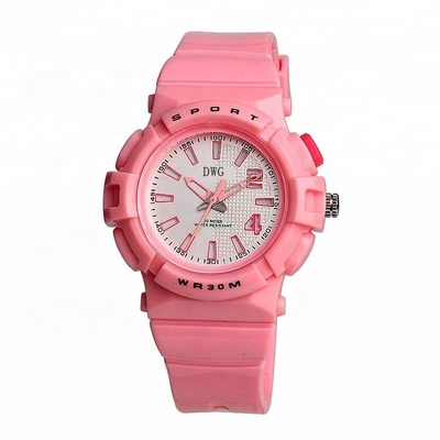 Promotional Pink Plastic Watch One Year Warranty With Silicone Band