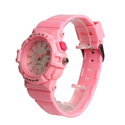 Promotional Pink Plastic Watch One Year Warranty With Silicone Band