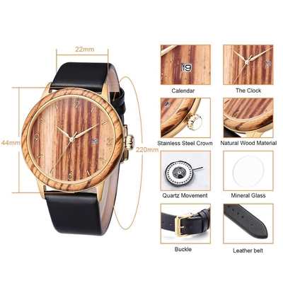 Custom Bamboo Wooden Quartz Watch Leatcher Strap 3/5 ATM Waterproof For Men