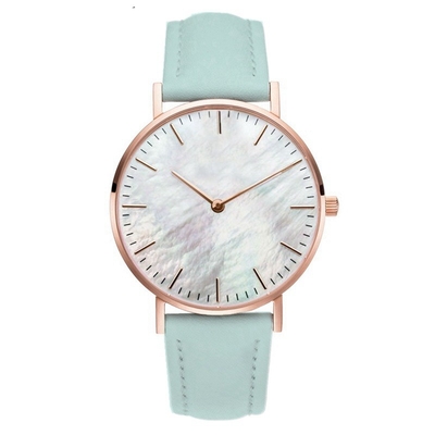 Colorful MOP Dial Leather Strap Quartz Watch Womens Ultra Thin Design Case