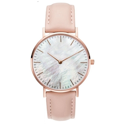Colorful MOP Dial Leather Strap Quartz Watch Womens Ultra Thin Design Case