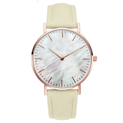Colorful MOP Dial Leather Strap Quartz Watch Womens Ultra Thin Design Case